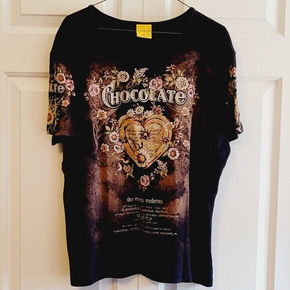 "Chocolate" Printed T-Shirt Embellished With Rhinestones - Picture 1 of 4